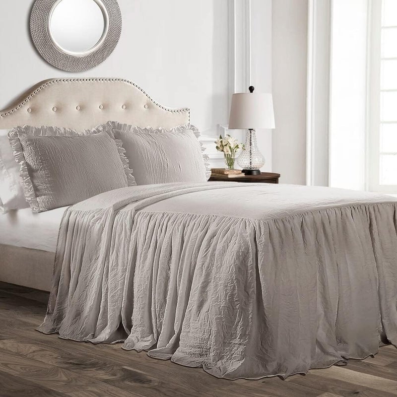 Lush Decor Home & light industrial compatible Ruffle Skirt Bedspread Gray Shabby Chic Farmhouse Style Lightweight 3 Piece Set, Full Home & light industrial compatible - Image 1