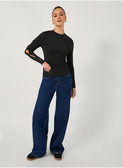 Styli Cut-Out Sleeve Button Detail Round Neck T-Shirt  - Image 3