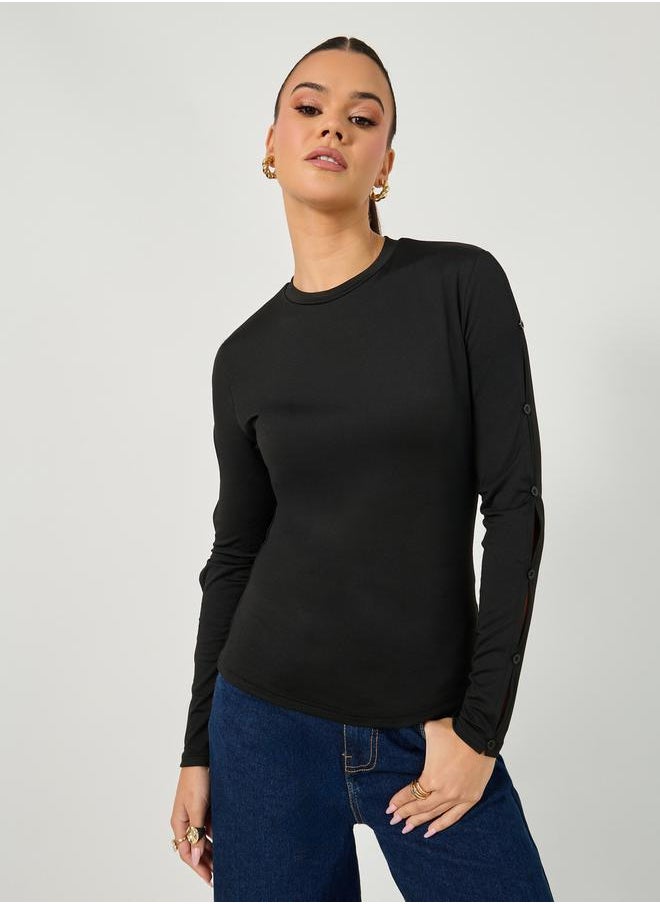 Styli Cut-Out Sleeve Button Detail Round Neck T-Shirt  - Image 2
