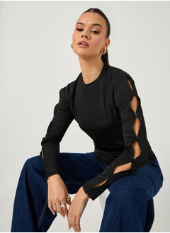 Styli Cut-Out Sleeve Button Detail Round Neck T-Shirt  - Image 1