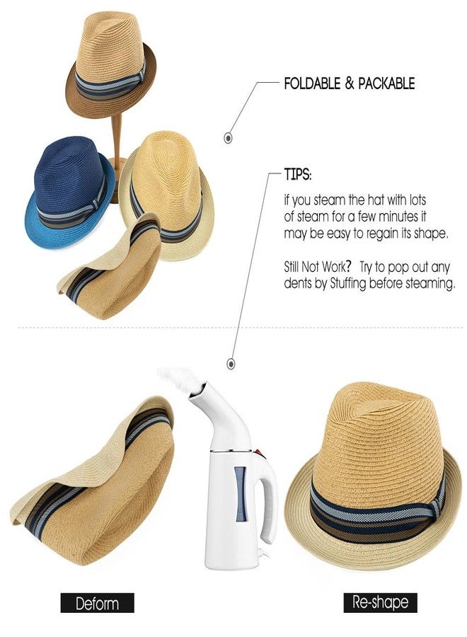 Comhats Summer Straw Fedora Hats for Men Beach Panama Gatsby Derby Trilby Dress UPF50+ Sun UV Protection X-Large XL Blue - Image 5