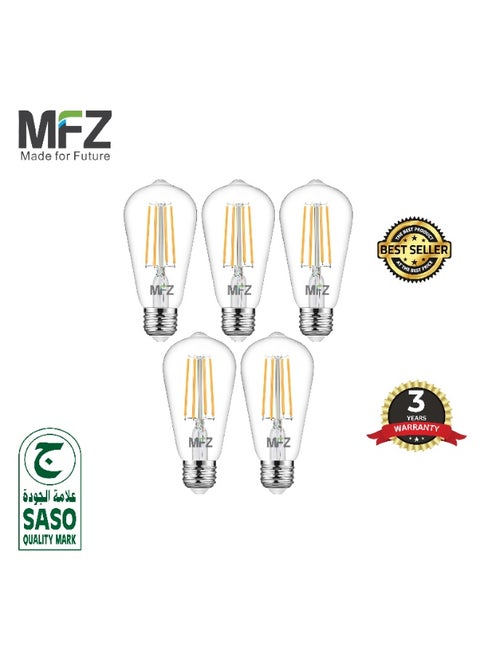 MFZ LED Filament Bulbs – 8W, Clear Glass, 2700K Warm White, AC220–240V, 800 Lumens – Set of 5 Pieces