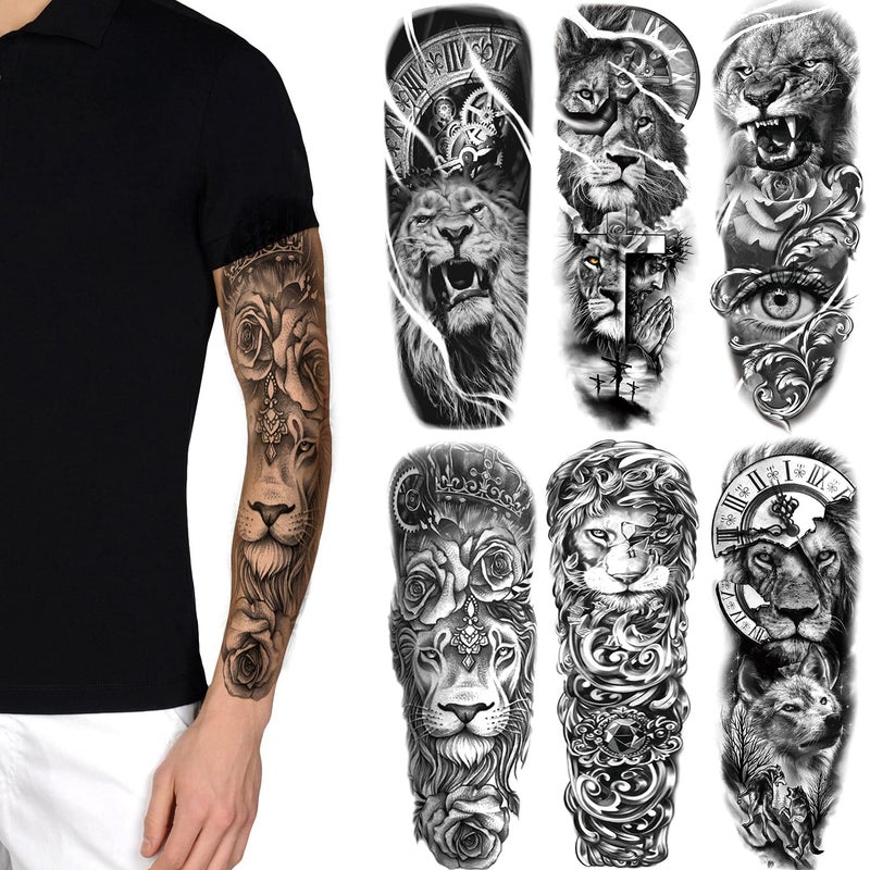 Fake Lion Sleeve Tattoo Stickers 6Sheet Full Arm Lion Tiger Wolf Animal Temporary Tattoos Sleeves for Adult Kids Women Makeup