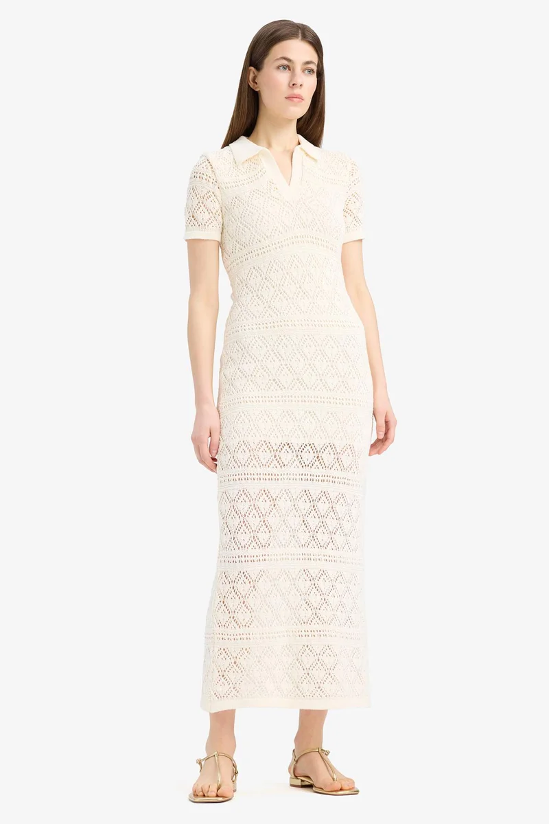 DeFacto Polo Neck Short Sleeve Lace Maxi Dress