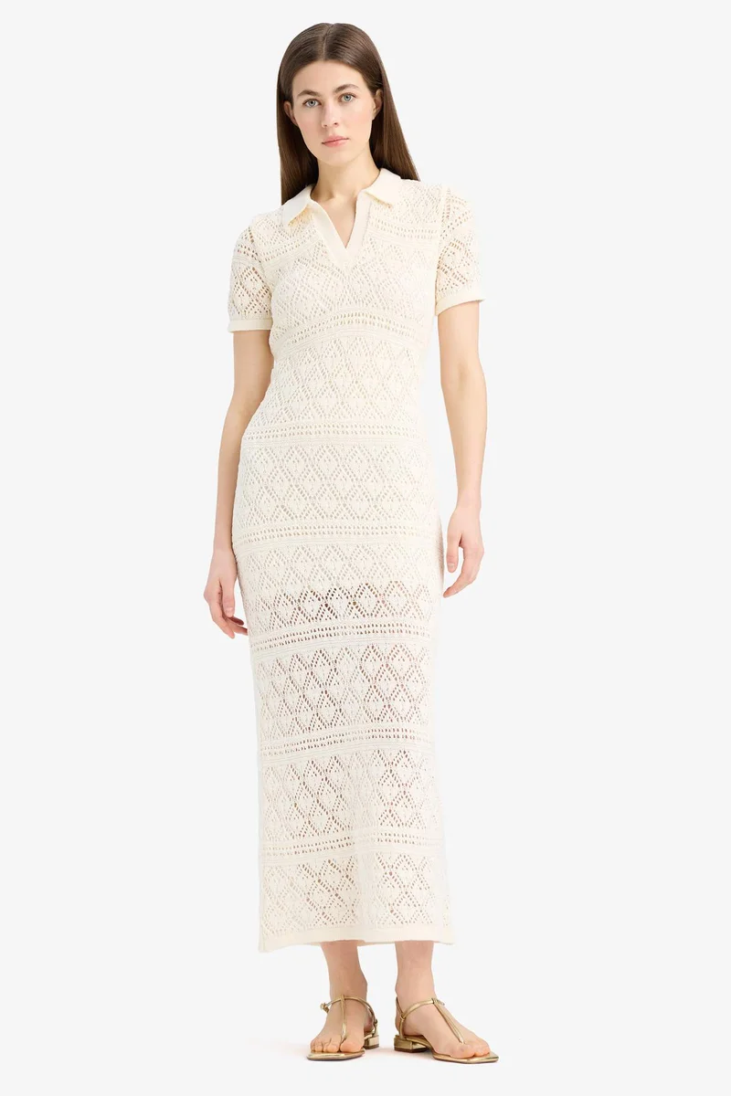 DeFacto Polo Neck Short Sleeve Lace Maxi Dress