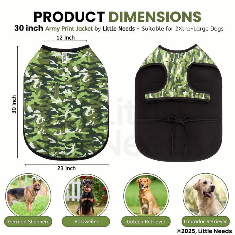 LITTLE NEEDS Dog Winter Jacket (Army Print, 30 Inch) for Xtra Large Dogs | Camouflage Design, Waterproof & Windproof Polyester Coat with Fleece, Adjustable Velcro Closure, Warm Vest for Cold Weather - Image 2