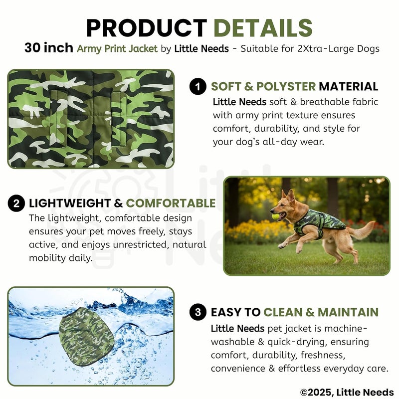 LITTLE NEEDS Dog Winter Jacket (Army Print, 30 Inch) for Xtra Large Dogs | Camouflage Design, Waterproof & Windproof Polyester Coat with Fleece, Adjustable Velcro Closure, Warm Vest for Cold Weather - Image 3