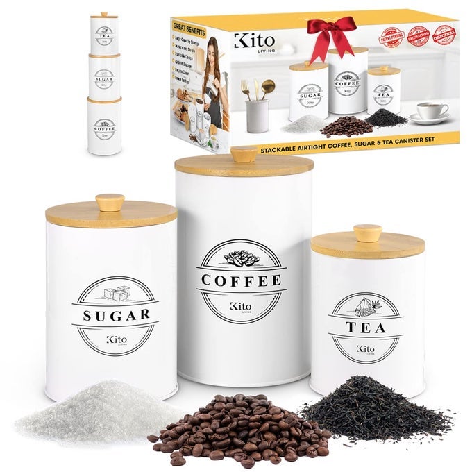CANISTERS SETS FOR KITCHEN COUNTER STORAGE AND ORGANIZATION WITH WOODEN BAMBOO LIDS FOOD PANTRY CONTAINERS STACKABLE STEEL STORAGE BINS AIRTIGHT SUGAR TEA COFFEE CANISTERS WHITE