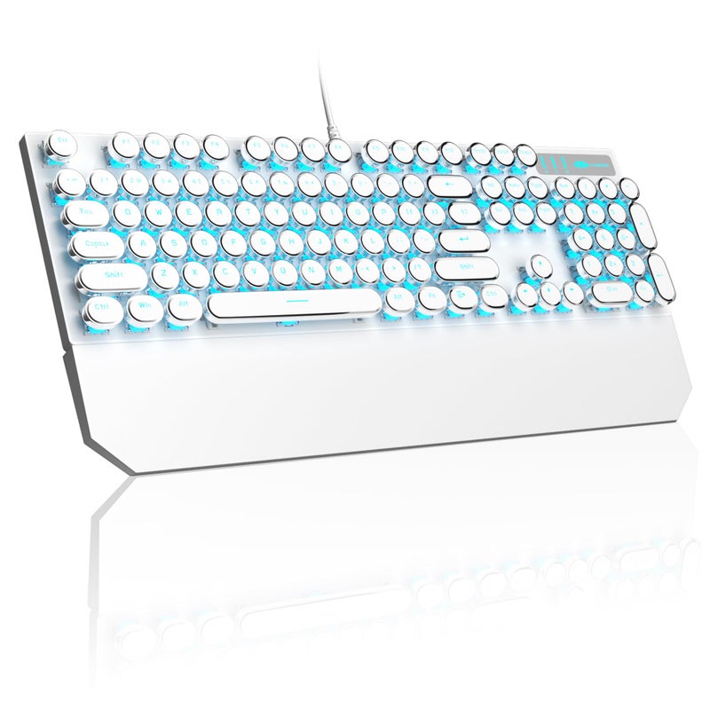 MageGee Typewriter Mechanical Gaming Keyboard Retro Punk White Round Keycaps 104 Keys LED Blue Backlit Wired Keyboards for Laptop MAC PC Gamer with Magnetic Wrist Rest Blue Switch