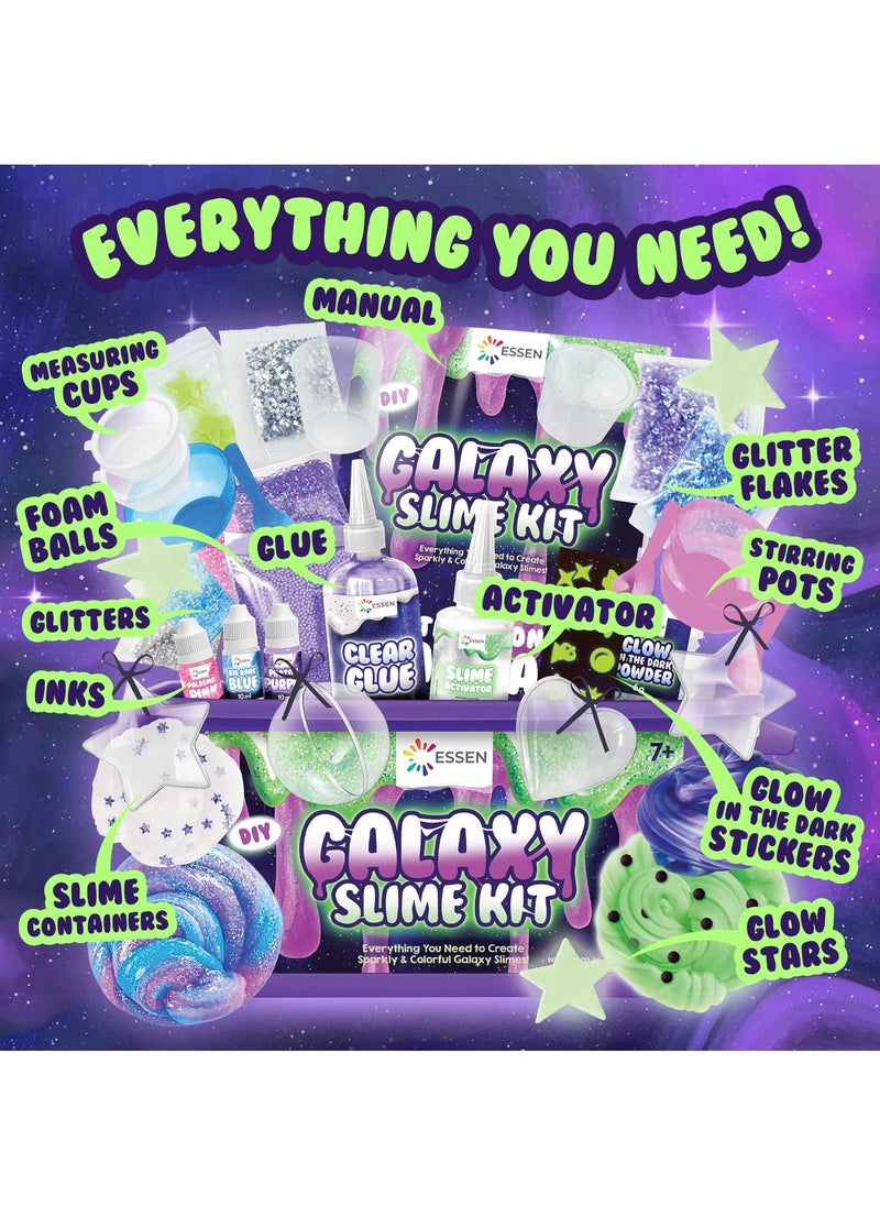 ESSEN Galaxy Slime Kit Glow in the Dark DIY Slime Making Kit Make Your Own Slime Galaxy Set Toys for Kids Girls Boys Birthday Gift Toy DIY Butter Slime Fluffy Clay Cloud Foam Squish Glitter Arts and Crafts Set with 33 Accessories  - Image 4