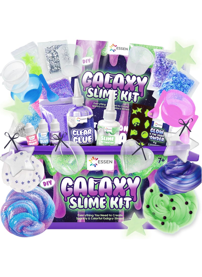 ESSEN Galaxy Slime Kit Glow in the Dark DIY Slime Making Kit Make Your Own Slime Galaxy Set Toys for Kids Girls Boys Birthday Gift Toy DIY Butter Slime Fluffy Clay Cloud Foam Squish Glitter Arts and Crafts Set with 33 Accessories  - Image 1