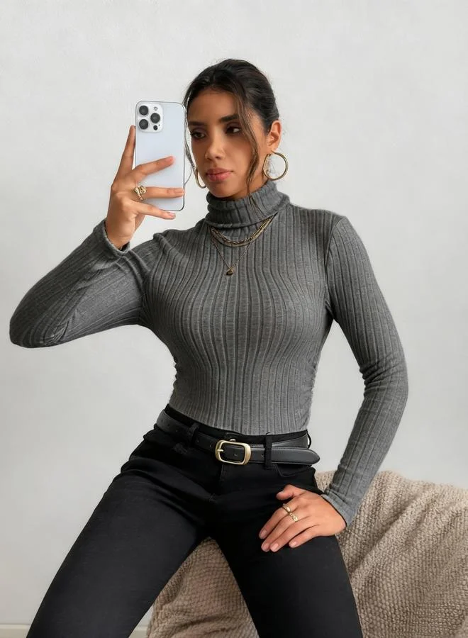 Take Two Women Grey Ribbed Turtleneck Top