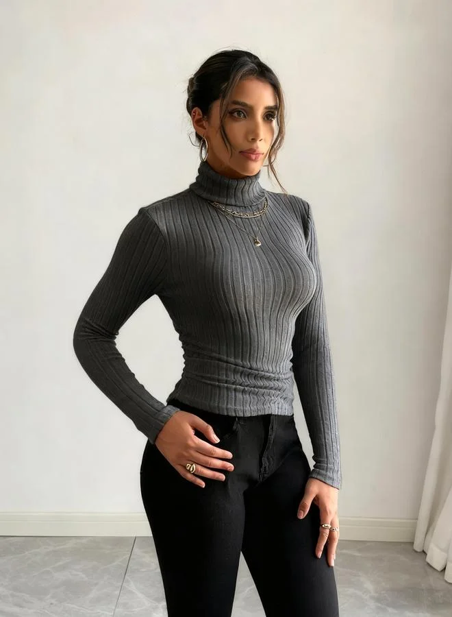 Take Two Women Grey Ribbed Turtleneck Top