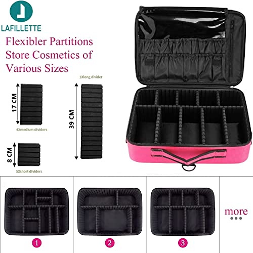 LAFILLETTE Travel Cosmetic Bags, Professional Makeup Case Box Organizer with Adjustable Dividers Compartments for Makeup Brushes Toiletry Jewelry Digital Accessories (16 INCH (2 Layer), Pink) - Image 4