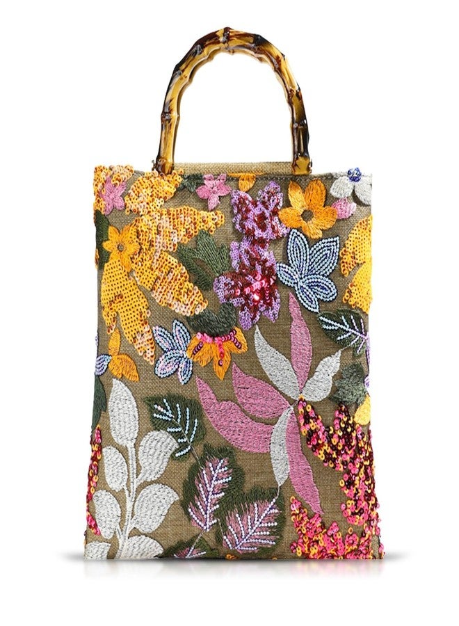 QTKJ Tote Bag for Women, Orange Sequin Embroidery Straw Bag, Hand-Woven Rounded Bamboo Handle, Bohemian Handbag Suitable for Travel Daily - Image 1