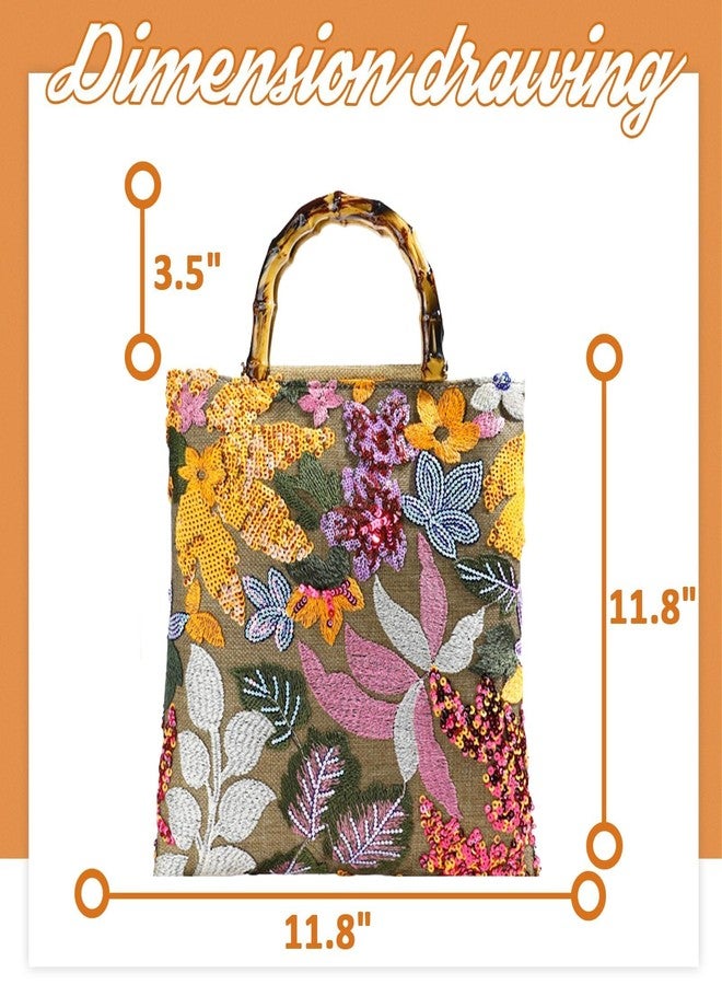 QTKJ Tote Bag for Women, Orange Sequin Embroidery Straw Bag, Hand-Woven Rounded Bamboo Handle, Bohemian Handbag Suitable for Travel Daily - Image 4