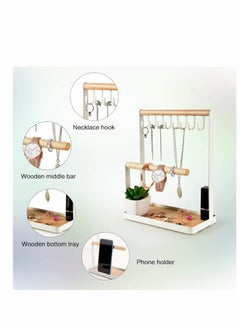 Y&D Jewelry Organizer Necklace Stand Holder, 4-Tier Hanging Wooden Ring Earring Tray, 8 Hooks Necklaces Storage 12 holes, Bracelets, Rings & Watches Display On Desk Tabletop - White  - Image 3