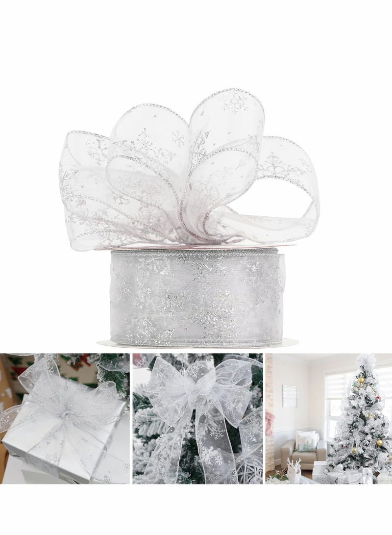 Ribbon Glitter Fabric Holiday Festival Satin Ribbons 1 Rolls 63mm x 25 Yards Silver Snowflake Wired Tree for Gift Wrapping, Topper, Wreaths Decorations - Image 1