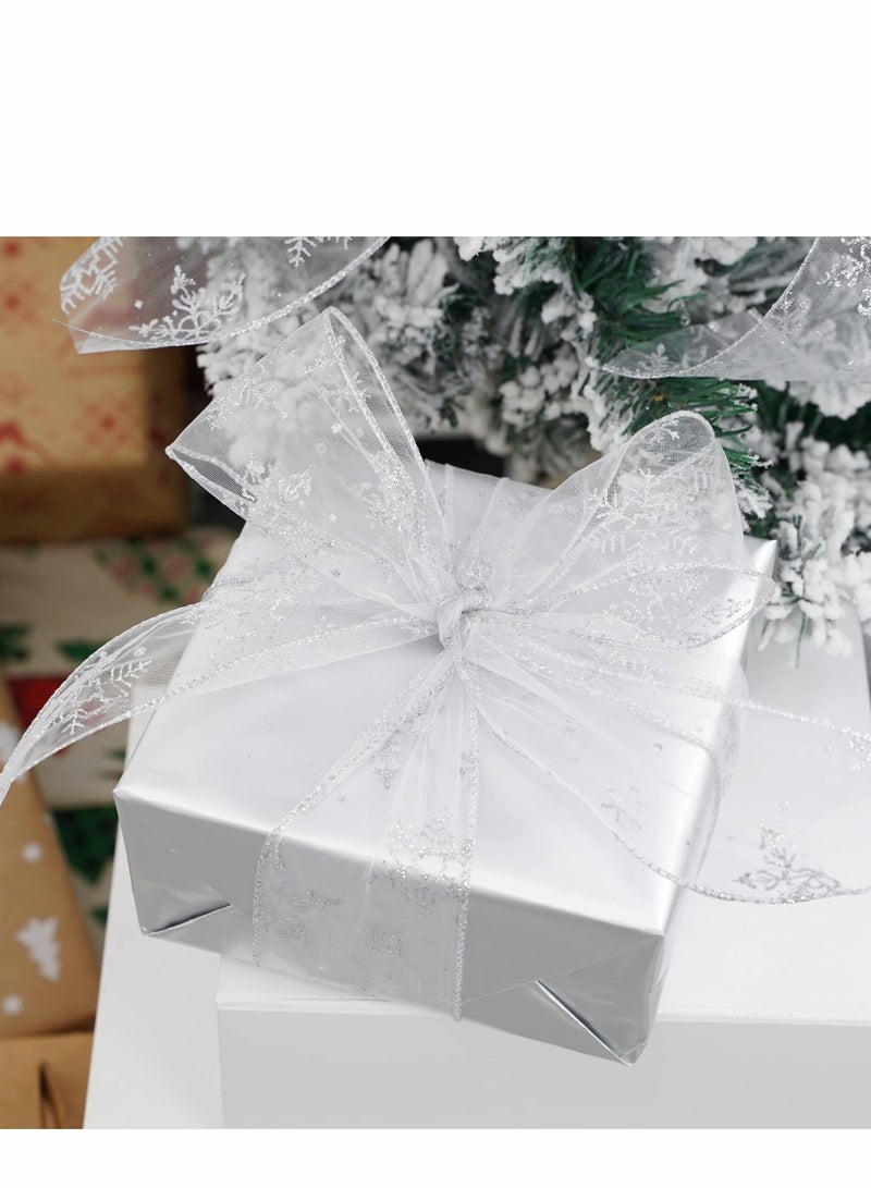 Ribbon Glitter Fabric Holiday Festival Satin Ribbons 1 Rolls 63mm x 25 Yards Silver Snowflake Wired Tree for Gift Wrapping, Topper, Wreaths Decorations - Image 3