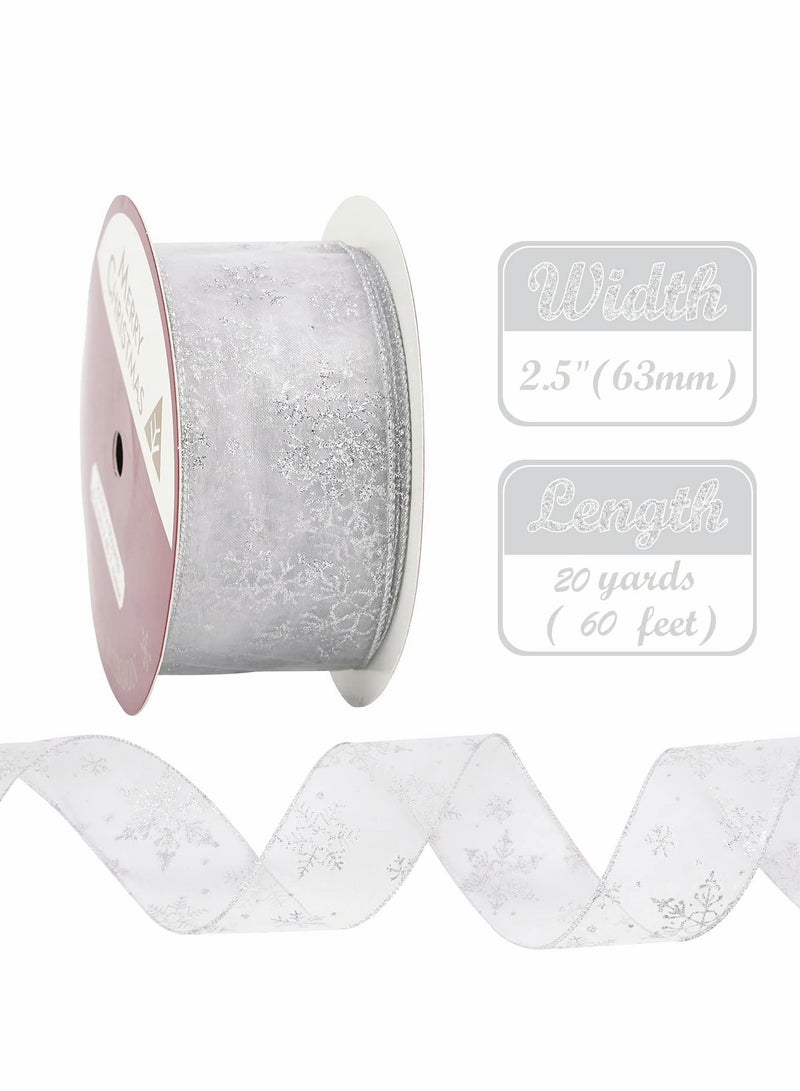 Ribbon Glitter Fabric Holiday Festival Satin Ribbons 1 Rolls 63mm x 25 Yards Silver Snowflake Wired Tree for Gift Wrapping, Topper, Wreaths Decorations - Image 2