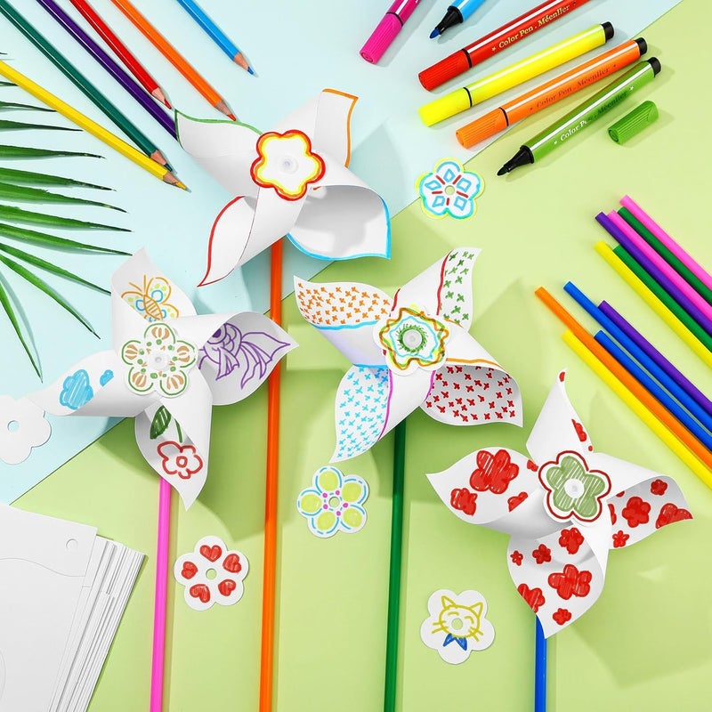 KASTWAVE 36 Pcs DIY Pinwheels for Kids White Paper Pinwheels Craft Kits,DIY Craft White Blank Paper Color Your Own Pinwheels for Boys Girls Summer Activities Arts Handicraft Party Favor(Pole Color is Random) - Image 5