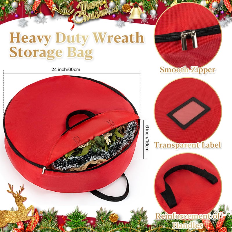 Rainflow 24 Inch RAINFLOW Christmas Wreath Storage Container - Heavy Duty Wreath Storage Bag With Handles Red Thickened Nonwoven Fabric Ideal For Household Organization Halloween Holiday Ornament Storage - Image 2