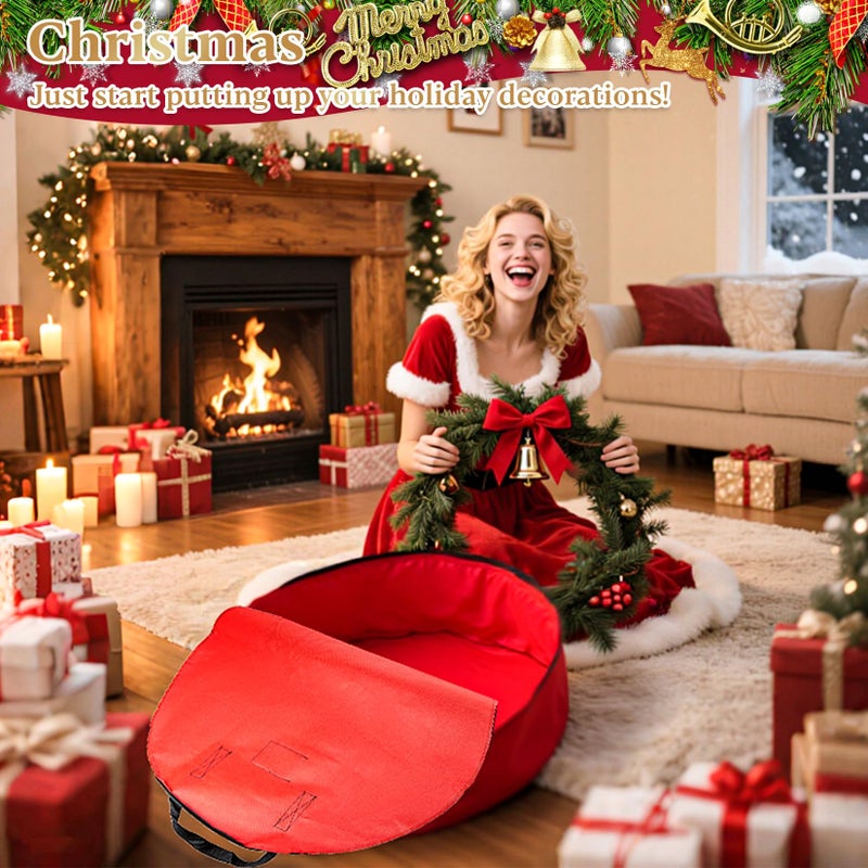 Rainflow 24 Inch RAINFLOW Christmas Wreath Storage Container - Heavy Duty Wreath Storage Bag With Handles Red Thickened Nonwoven Fabric Ideal For Household Organization Halloween Holiday Ornament Storage - Image 3