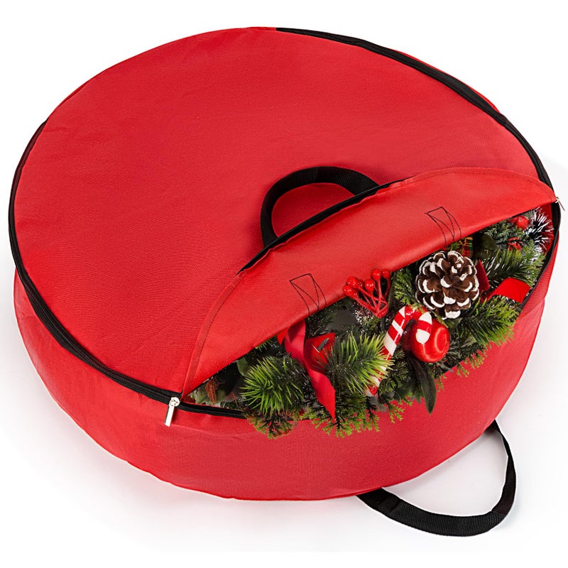 Rainflow 24 Inch RAINFLOW Christmas Wreath Storage Container - Heavy Duty Wreath Storage Bag With Handles Red Thickened Nonwoven Fabric Ideal For Household Organization Halloween Holiday Ornament Storage - Image 1