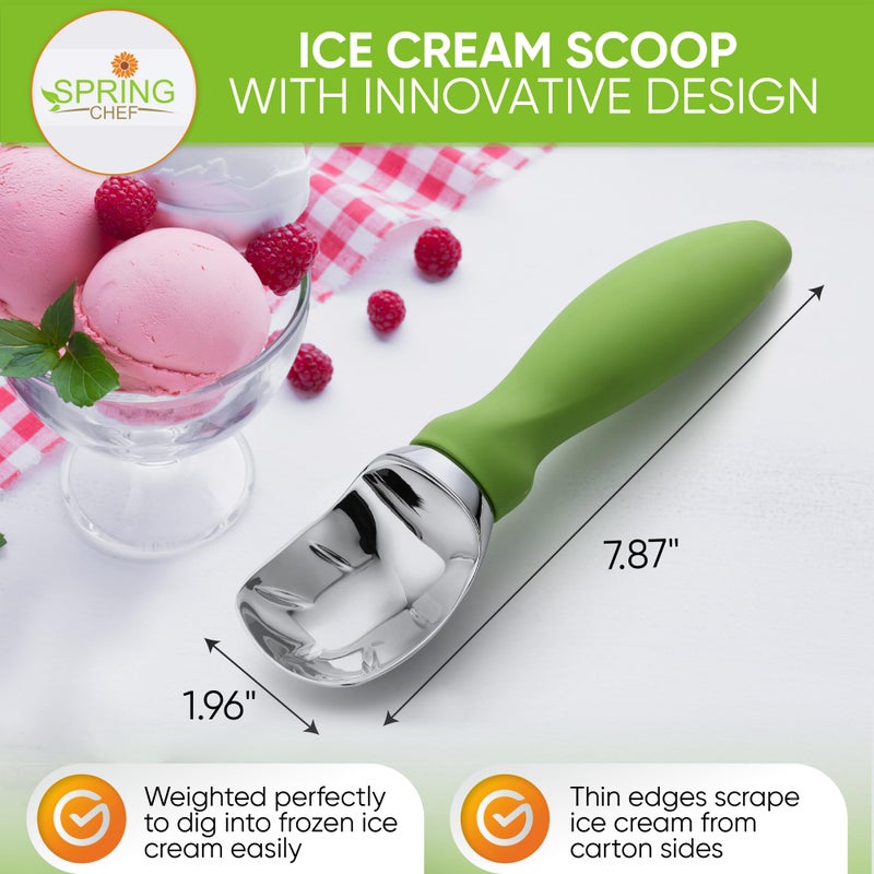 Spring Chef Green Heavy Duty Ice Cream Scoop with Non-Slip Handle - Professional Metal Ice Cream Scooper for Cookie Dough, Frozen Yogurt, Gelato, Sorbet, Melon - Dishwasher Safe Kitchen Tool - Image 2