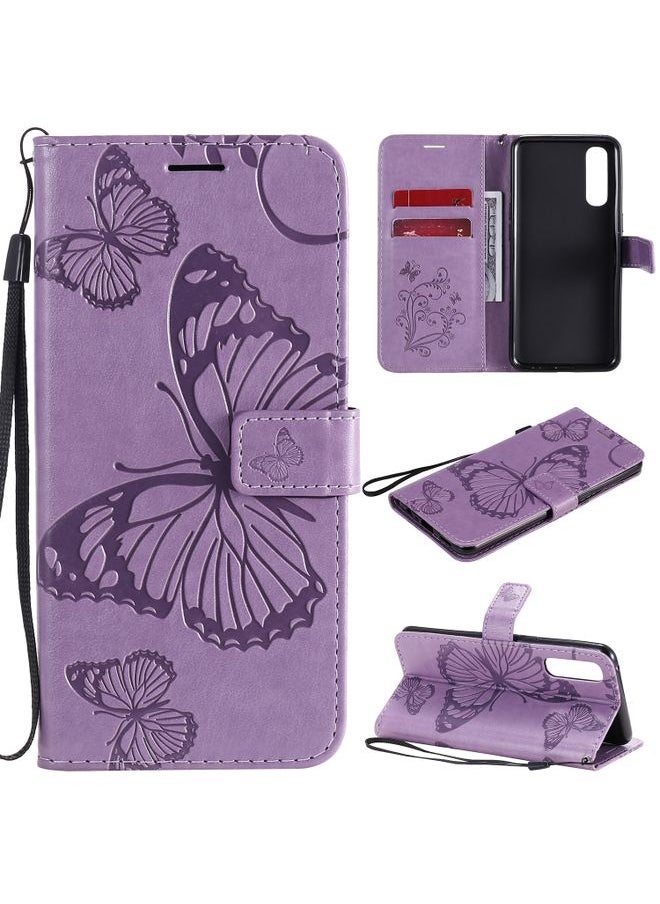 HuHa Case Cover For OPPO Reno3 Pro 4G 3D Butterflies Embossing Pattern Horizontal Flip Leather Case with Holder & Card Slot & Wallet & Lanyard Purple 