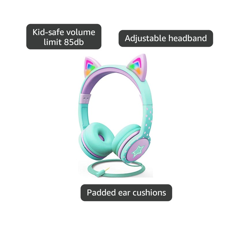 FosPower Kids Headphones with LED Cat Ears (85dB Safe Volume Limit), 3.5mm Soft On-Ear Wired Headphones with Tangle-Free Laced Cables for iPad/Tablet/School/Travel - Teal/Light Purple - Image 4