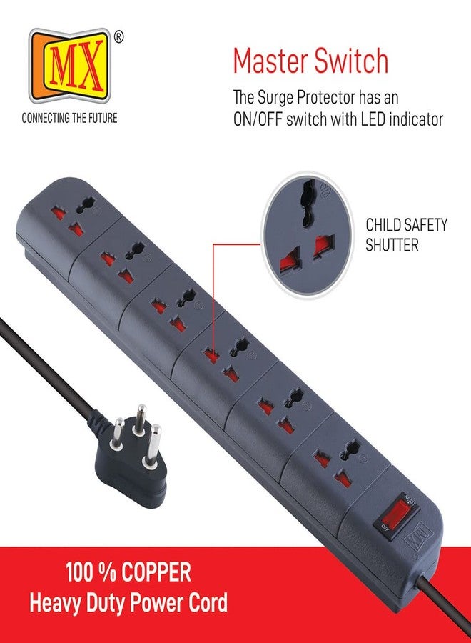 MX Spike Guard 6‑Outlet Surge Protector Extension Board – 2‑Pin & 3‑Pin Universal Sockets with Child‑Safety Shutter, 1.5 Meters Heavy‑Duty Cord, Master Switch - Image 4