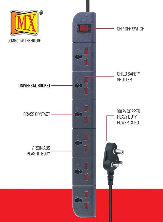 MX Spike Guard 6‑Outlet Surge Protector Extension Board – 2‑Pin & 3‑Pin Universal Sockets with Child‑Safety Shutter, 1.5 Meters Heavy‑Duty Cord, Master Switch - Image 2