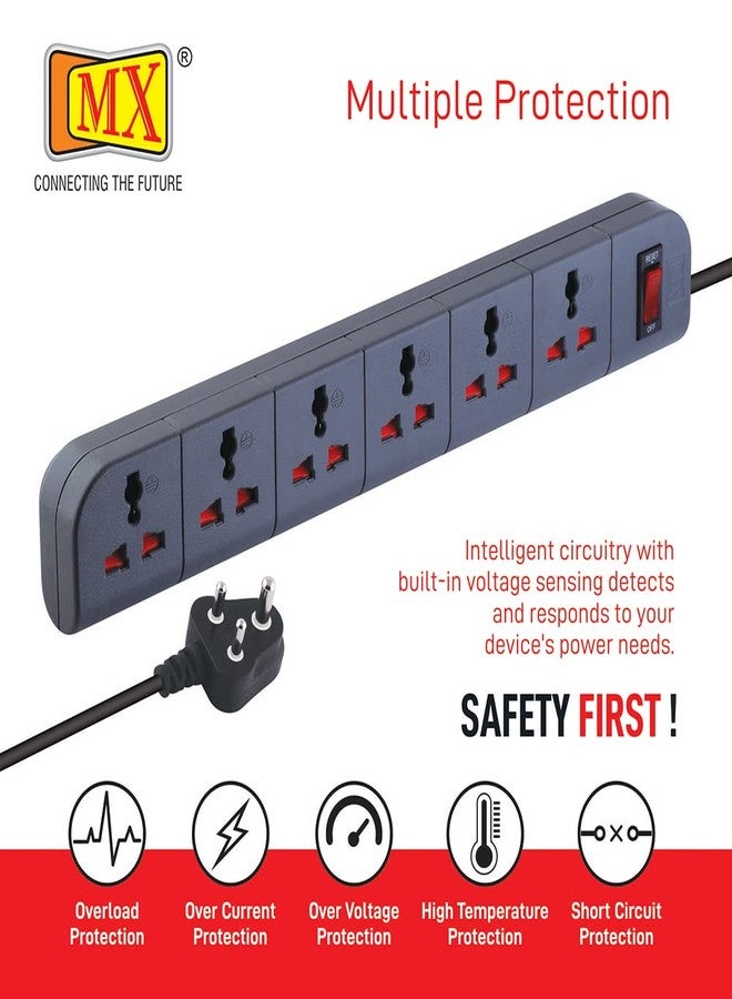 MX Spike Guard 6‑Outlet Surge Protector Extension Board – 2‑Pin & 3‑Pin Universal Sockets with Child‑Safety Shutter, 1.5 Meters Heavy‑Duty Cord, Master Switch - Image 3