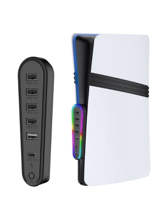 PS5 برو/PS5 سليم 6في1 USB 2.0 توسيع عالي السرعة PS5 سليم HUB موسع مع 4 USB 2.0+1 نوع C 3.0+1 منفذ شحن USB لـ PS5 سليم مع إضاءة RGB ملحقات - Image 1