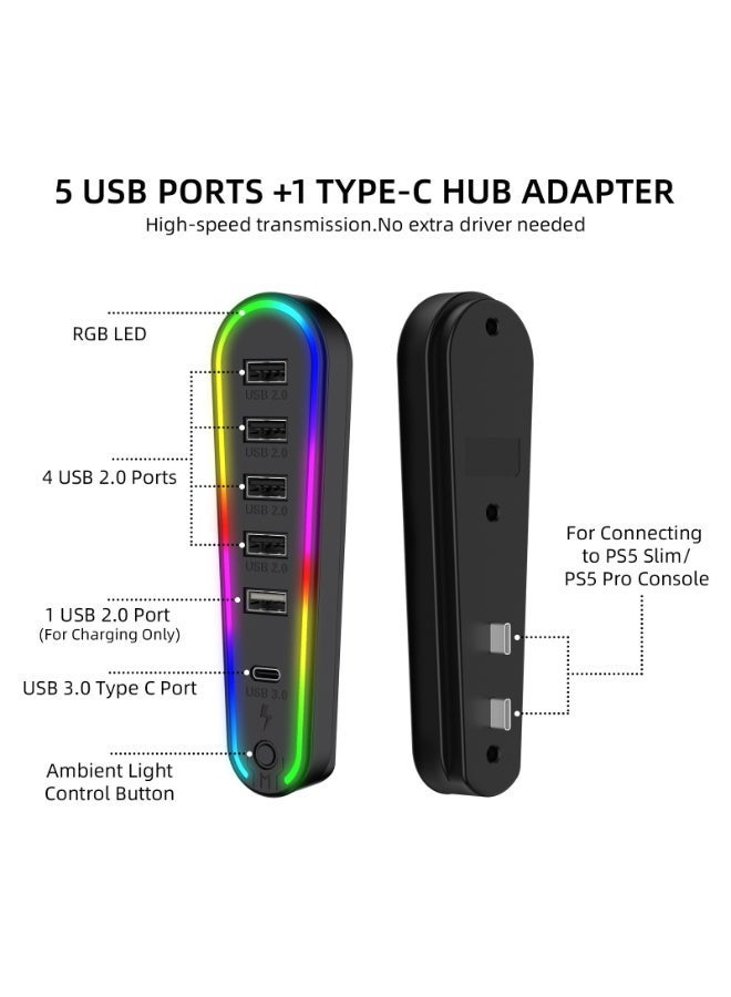 PS5 برو/PS5 سليم 6في1 USB 2.0 توسيع عالي السرعة PS5 سليم HUB موسع مع 4 USB 2.0+1 نوع C 3.0+1 منفذ شحن USB لـ PS5 سليم مع إضاءة RGB ملحقات - Image 4