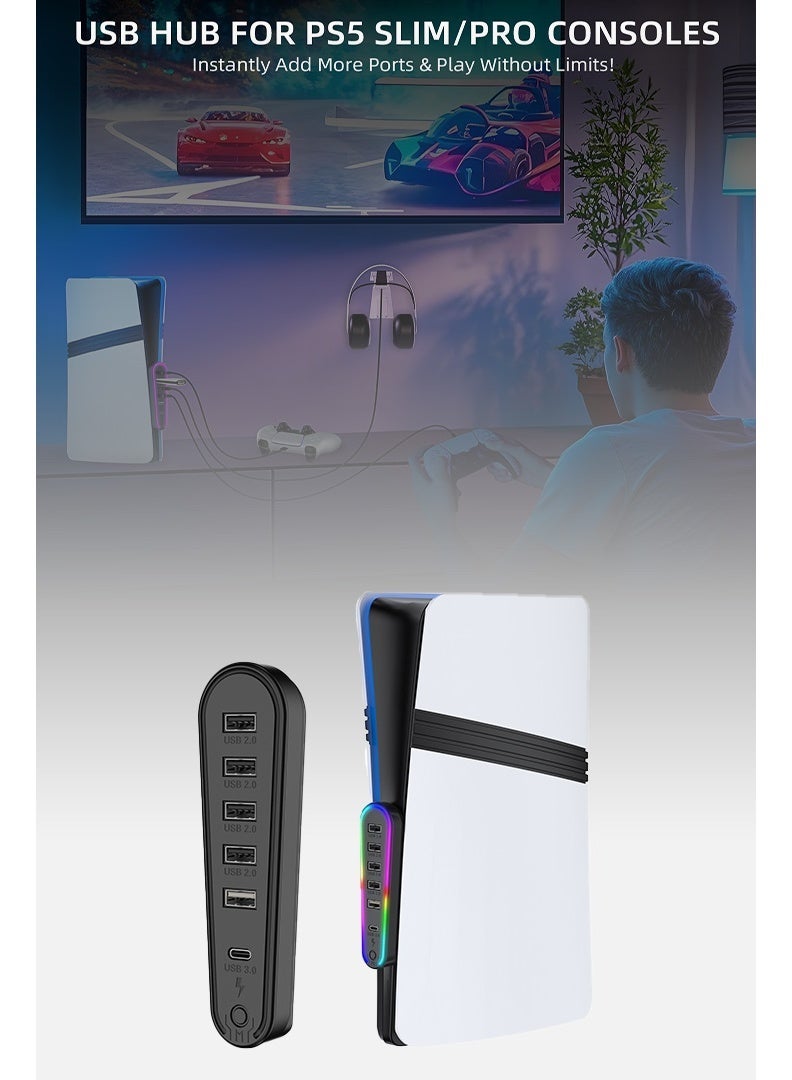 PS5 برو/PS5 سليم 6في1 USB 2.0 توسيع عالي السرعة PS5 سليم HUB موسع مع 4 USB 2.0+1 نوع C 3.0+1 منفذ شحن USB لـ PS5 سليم مع إضاءة RGB ملحقات - Image 2