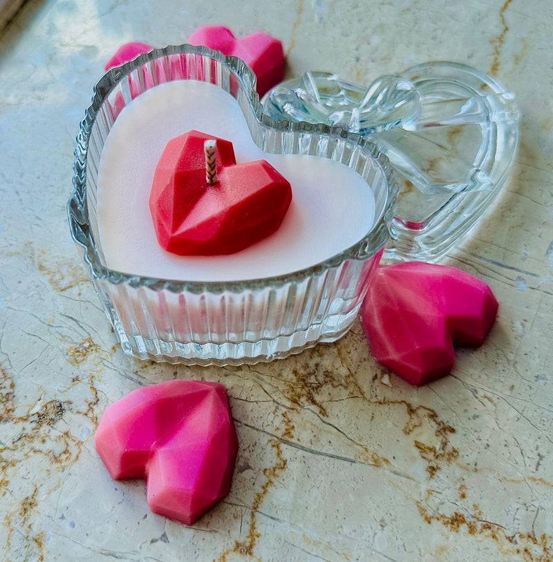 Heart Jar Scented Candle with lid, "heart shape candle," "scented candles," "soya wax, "luxury candles," and "home fragrance,