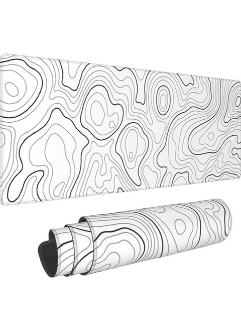 White Topographic Contour Gaming Mouse Pad 31.5 X 11.8 Inch XL Geographic Map Lines Print Big Mousepad Extended Large Laptop Keyboard Mouse Mat Non-Slip Rubber Base with Stitched Edges for Home Office
