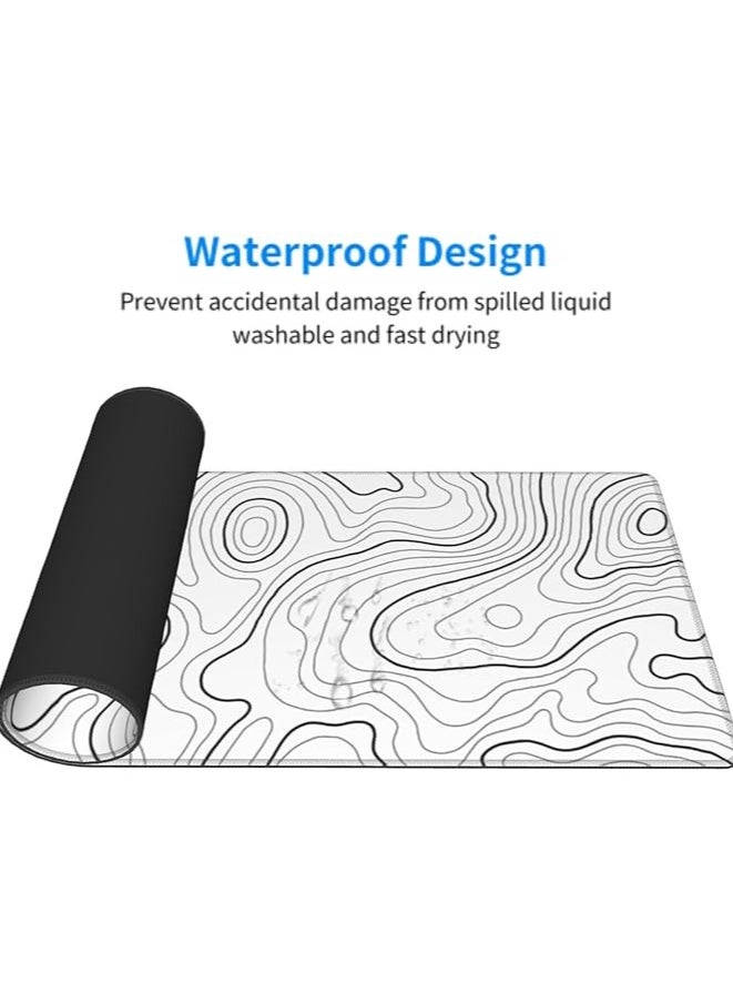 White Topographic Contour Gaming Mouse Pad 31.5 X 11.8 Inch XL Geographic Map Lines Print Big Mousepad Extended Large Laptop Keyboard Mouse Mat Non-Slip Rubber Base with Stitched Edges for Home Office