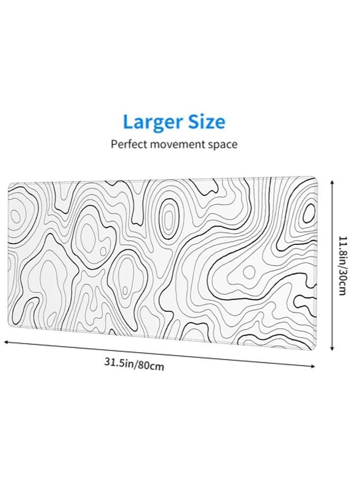 White Topographic Contour Gaming Mouse Pad 31.5 X 11.8 Inch XL Geographic Map Lines Print Big Mousepad Extended Large Laptop Keyboard Mouse Mat Non-Slip Rubber Base with Stitched Edges for Home Office