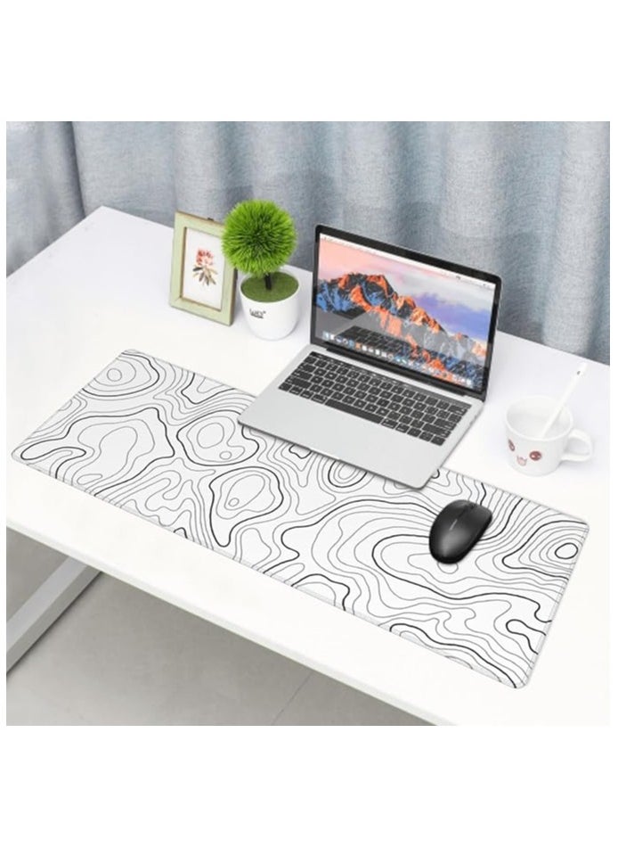 White Topographic Contour Gaming Mouse Pad 31.5 X 11.8 Inch XL Geographic Map Lines Print Big Mousepad Extended Large Laptop Keyboard Mouse Mat Non-Slip Rubber Base with Stitched Edges for Home Office
