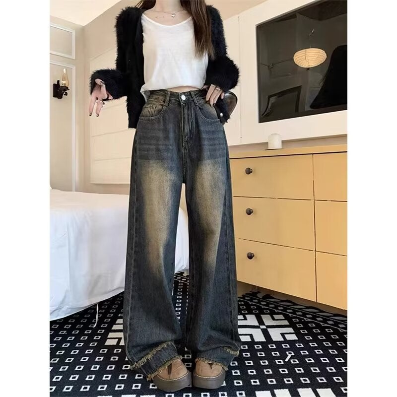 Retro Old Jeans Women's Summer High Waist Loose Straight Leg Pants Rapped Wide Leg Pants Long Pants