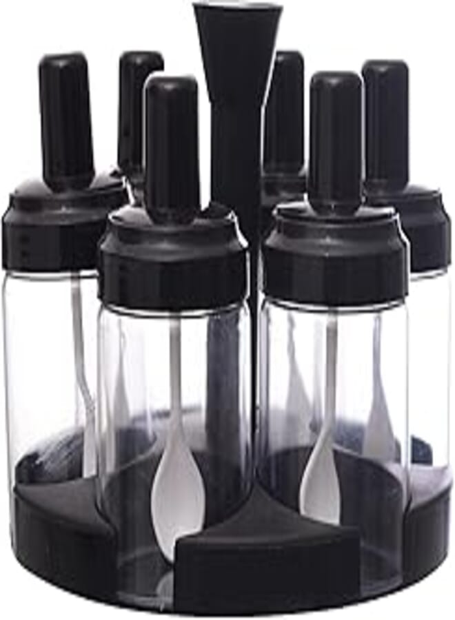 Generic Plastic spice Rotating Bottles Amazing Design With Moisture Proof and Ladle Cover One For Kitchen set Of 6 Pieces - Black Transparent