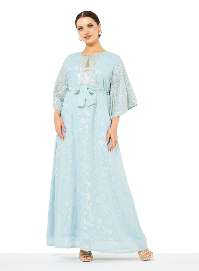 Thouq Light Blue A-Line Maxi Jalabiya with Golden Floral Foil