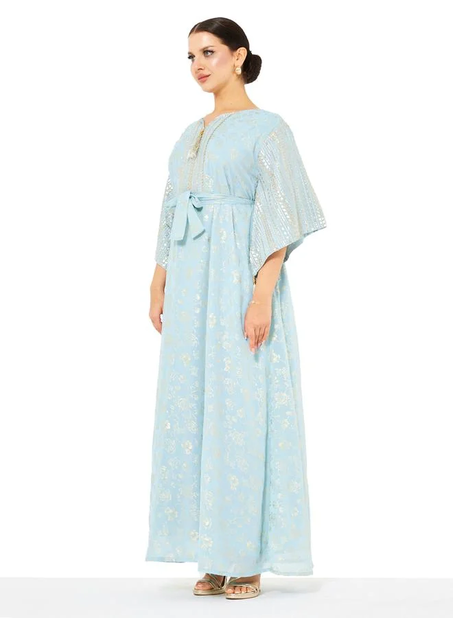 Thouq Light Blue A-Line Maxi Jalabiya with Golden Floral Foil