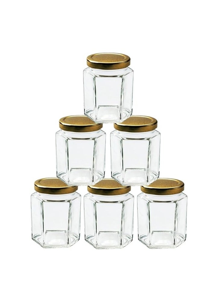 Glass Jam Jars Set of 6 Glass Jars with Gold Lids - 280ml / 9oz Hexagonal Jars of Screw Top Lid to Preserve Jam Spices Sweets