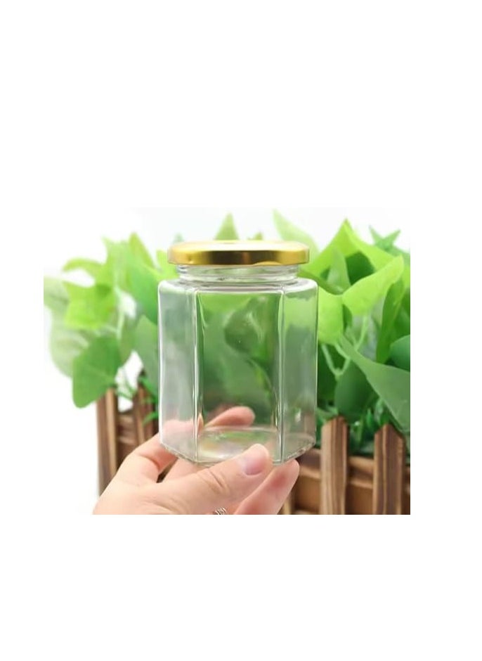 Glass Jam Jars Set of 6 Glass Jars with Gold Lids - 280ml / 9oz Hexagonal Jars of Screw Top Lid to Preserve Jam Spices Sweets