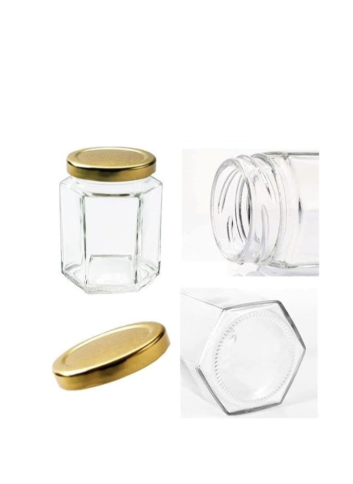 Glass Jam Jars Set of 6 Glass Jars with Gold Lids - 280ml / 9oz Hexagonal Jars of Screw Top Lid to Preserve Jam Spices Sweets