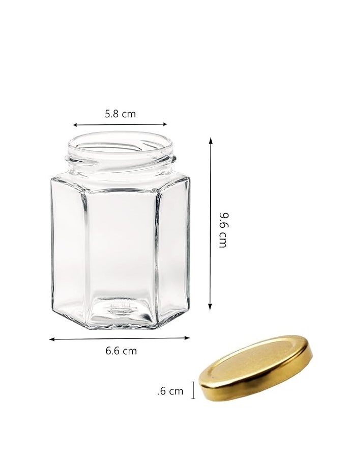 Glass Jam Jars Set of 6 Glass Jars with Gold Lids - 280ml / 9oz Hexagonal Jars of Screw Top Lid to Preserve Jam Spices Sweets